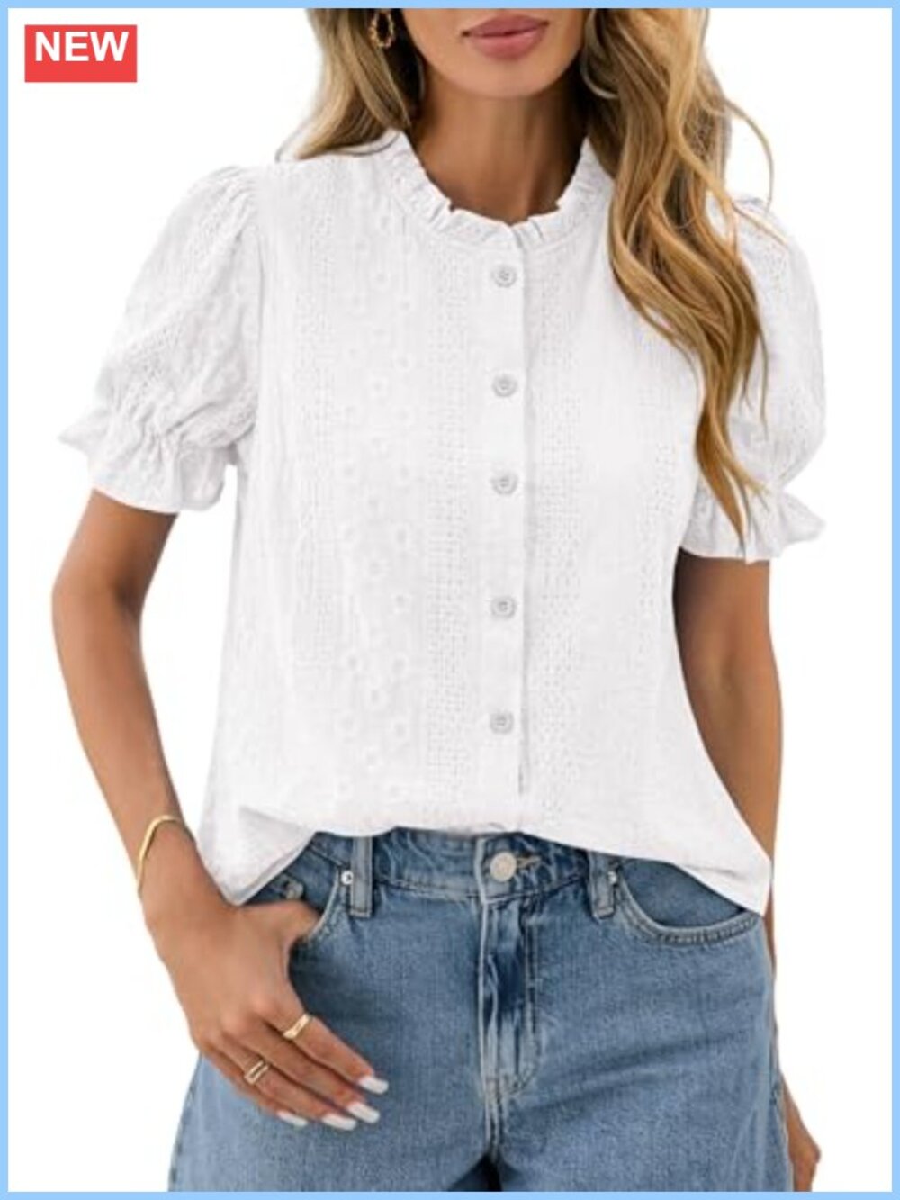 Womens Embroidered Puff Short Sleeve Button Down Blouse Cotton Top